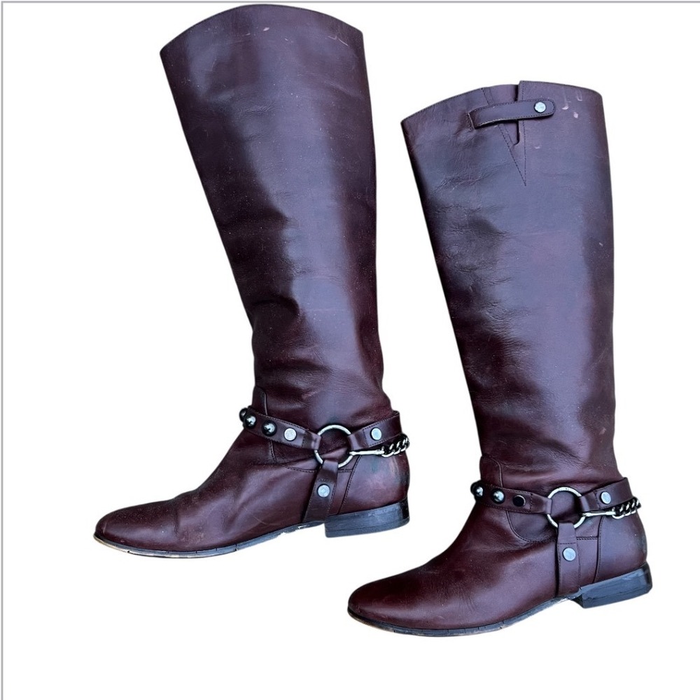 Brown Leather Tall Riding Boots Equestrian Style Size 7.5 Buckle Chain Old Money - Picture 6 of 17